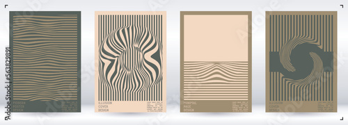 Geometrical Poster Design with Optical Illusion Effect.  Modern Psychedelic Cover Page Collection. Pastel Wave Lines Background. Fluid Stripes Art. Swiss Design. Vector Illustration for Brochure.