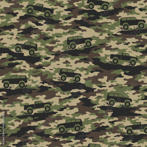 Camouflage texture with SUV off road cars seamless pattern. Abstract modern military endless camo texture for fabric and fashion textile print. Vector illustration.