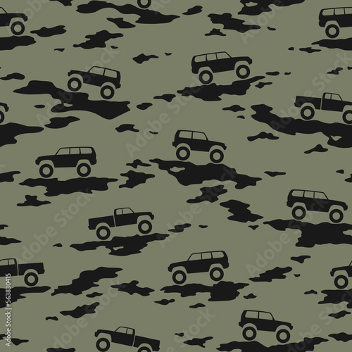 Camouflage texture with SUV off road cars seamless pattern. Abstract modern military endless camo texture for fabric and fashion textile print. Vector illustration.
