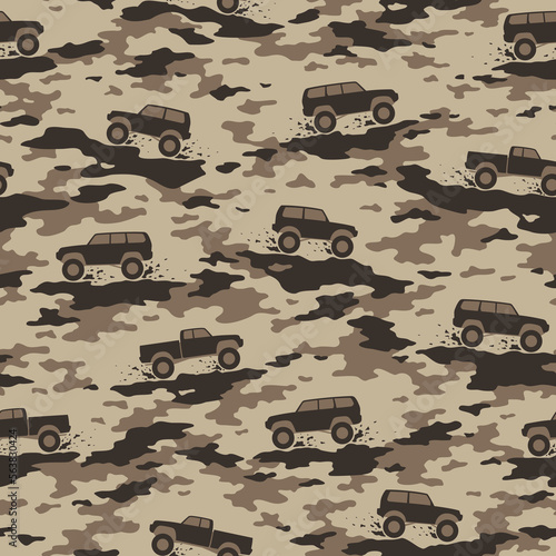 Camouflage texture with SUV off road cars seamless pattern. Abstract modern military endless camo texture for fabric and fashion textile print. Vector illustration.