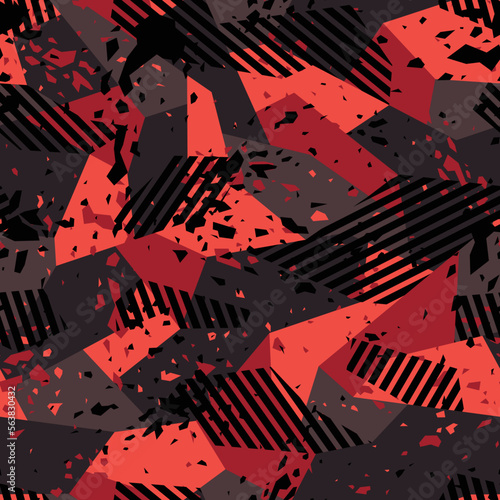 Grunge geometric camouflage texture seamless pattern. Abstract modern endless split polygonal and striped trendy ornament for fabric and fashion textile print. Vector background.