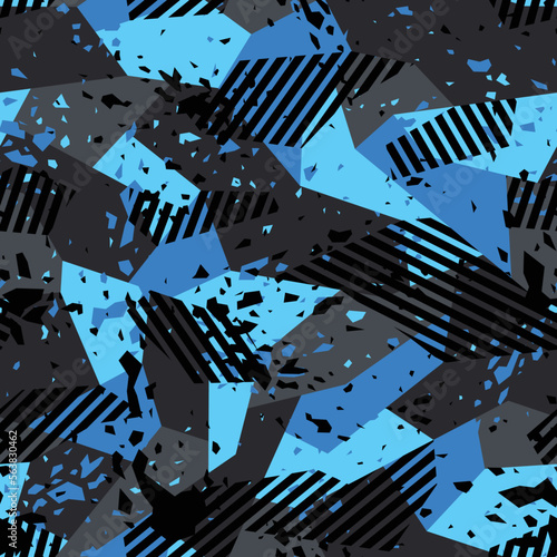 Grunge geometric camouflage texture seamless pattern. Abstract modern endless split polygonal and striped trendy ornament for fabric and fashion textile print. Vector background.