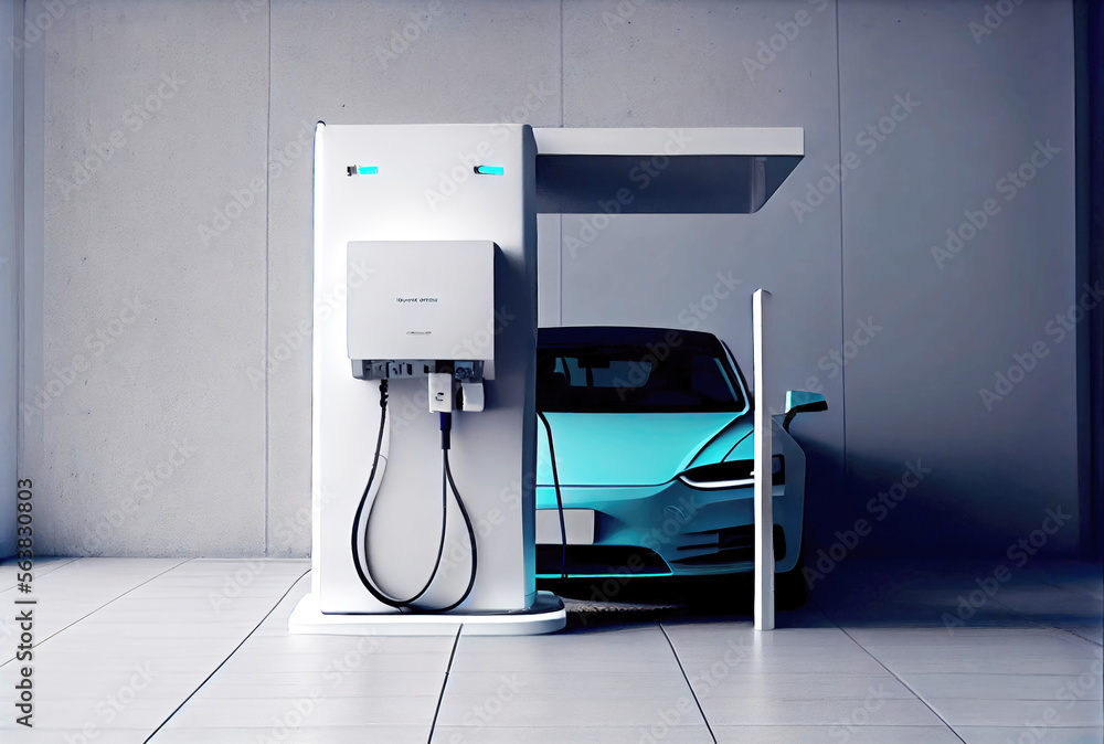 EV car with Electric charging station charger on build in wall at house. Technology and transportation concept. Generative AI EV car with Electric charging station charger on build in wall at house. Technology and transportation concept. Generative AI