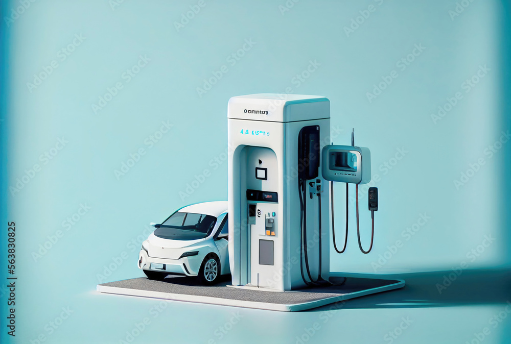 EV car with Electric charging station charger on build in wall at house. Technology and transportation concept. Generative AI EV car with Electric charging station charger on build in wall at house. Technology and transportation concept. Generative AI
