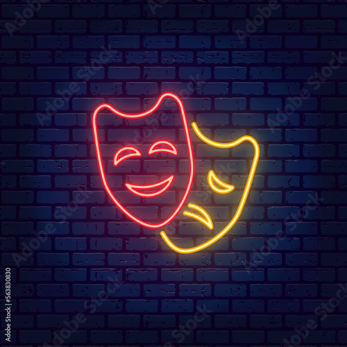 Neon Glow Theatrical Masks on brick wall background