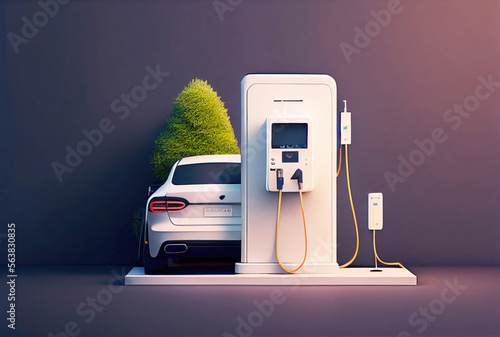 EV car with Electric charging station charger on build in wall at house. Technology and transportation concept. Generative AI photo