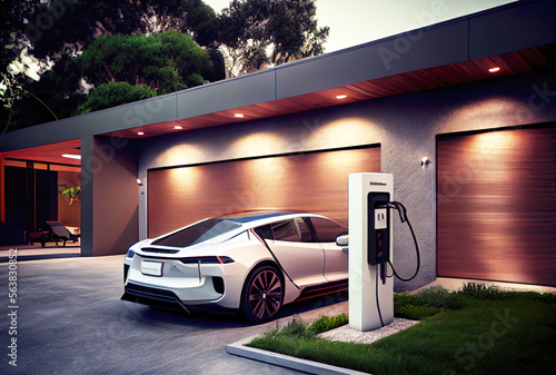 EV car with Electric charging station charger on build in wall at house. Technology and transportation concept. Generative AI © Virtual Art Studio