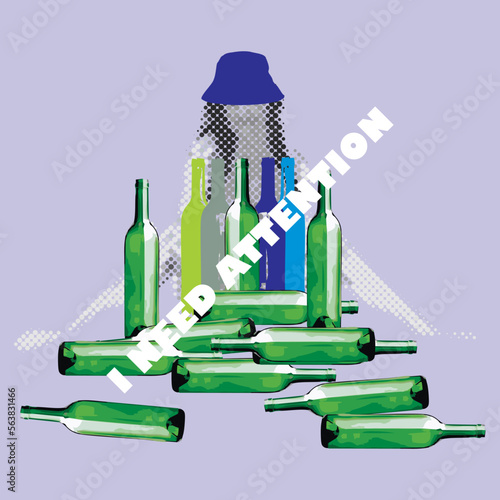 Illustration of a woman with scattered bottles. I need attention