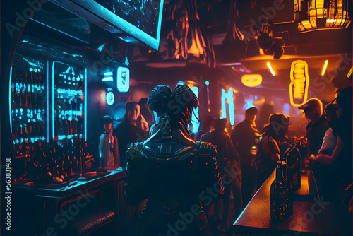 Cyberpunk night club peoples, tropical spaceship.
