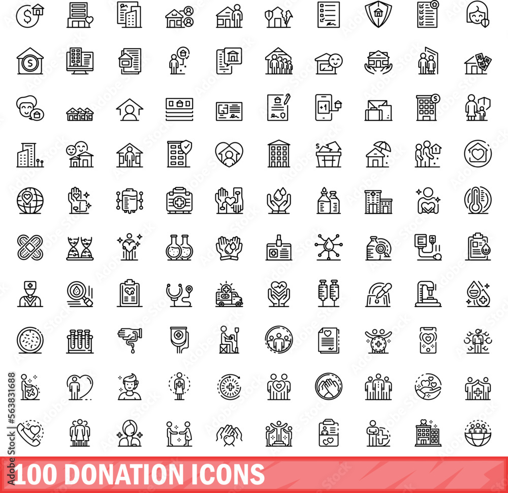 100 donation icons set. Outline illustration of 100 donation icons vector set isolated on white background 100 donation icons set. Outline illustration of 100 donation icons vector set isolated on white background
