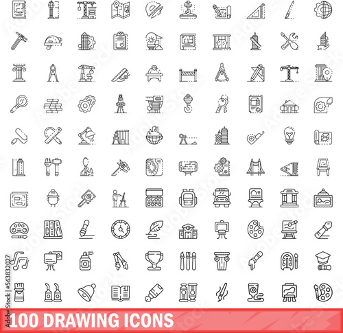 100 drawing icons set. Outline illustration of 100 drawing icons vector set isolated on white background
