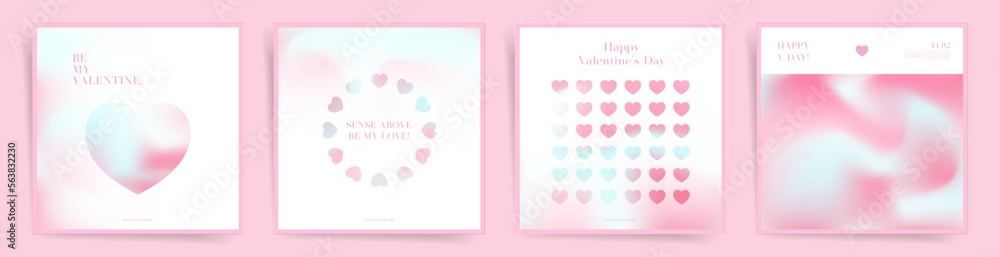 Valentine's day love square posts template set. Romantic cute pink event square card for banners or mobile social posts. Holographic design, mesh duotone gradient colors.