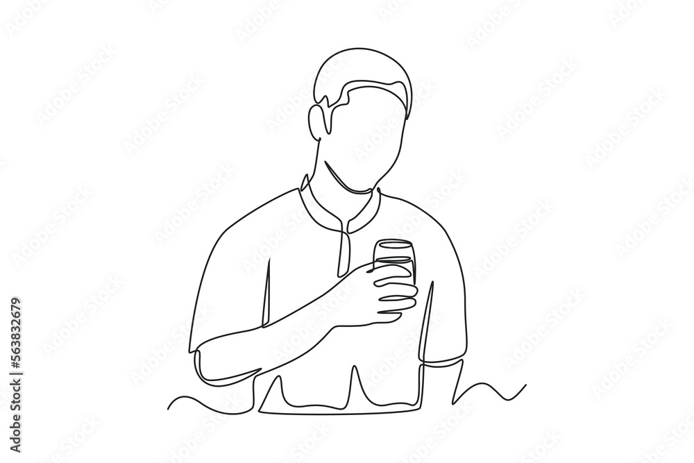 Single one line drawing muslim man breaking fast with drinking water. Ramadan activity Concept. Continuous line draw design graphic vector illustration.