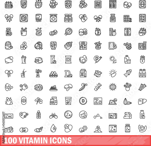 100 vitamin icons set. Outline illustration of 100 vitamin icons vector set isolated on white background