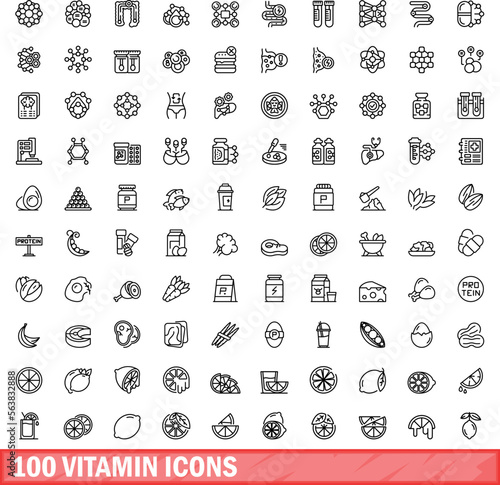 100 vitamin icons set. Outline illustration of 100 vitamin icons vector set isolated on white background