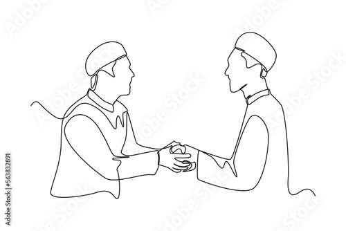 Single one line drawing a man giving alms to the other person. Ramadan activity Concept. Continuous line draw design graphic vector illustration.