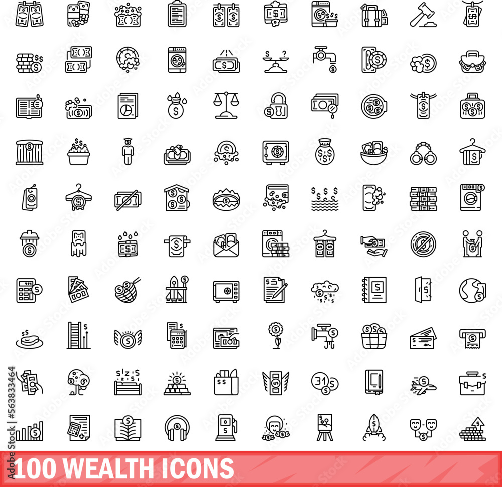 100 wealth icons set. Outline illustration of 100 wealth icons vector set isolated on white background 100 wealth icons set. Outline illustration of 100 wealth icons vector set isolated on white background