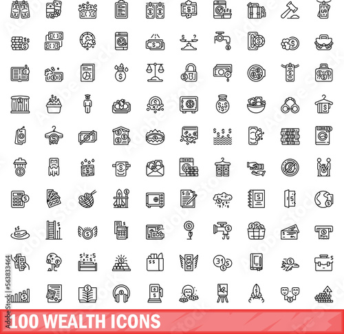 100 wealth icons set. Outline illustration of 100 wealth icons vector set isolated on white background