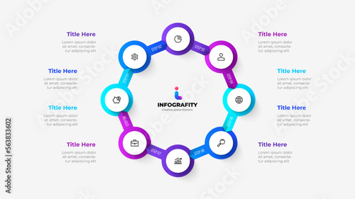 Vector infographic. Cycle diagram with 8 options. Octagon with circles connected by arrows