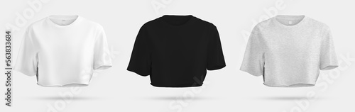 Mockup of women's crop top, white, black, heather t-shirt 3D rendering, front view, for design, print, advertising.