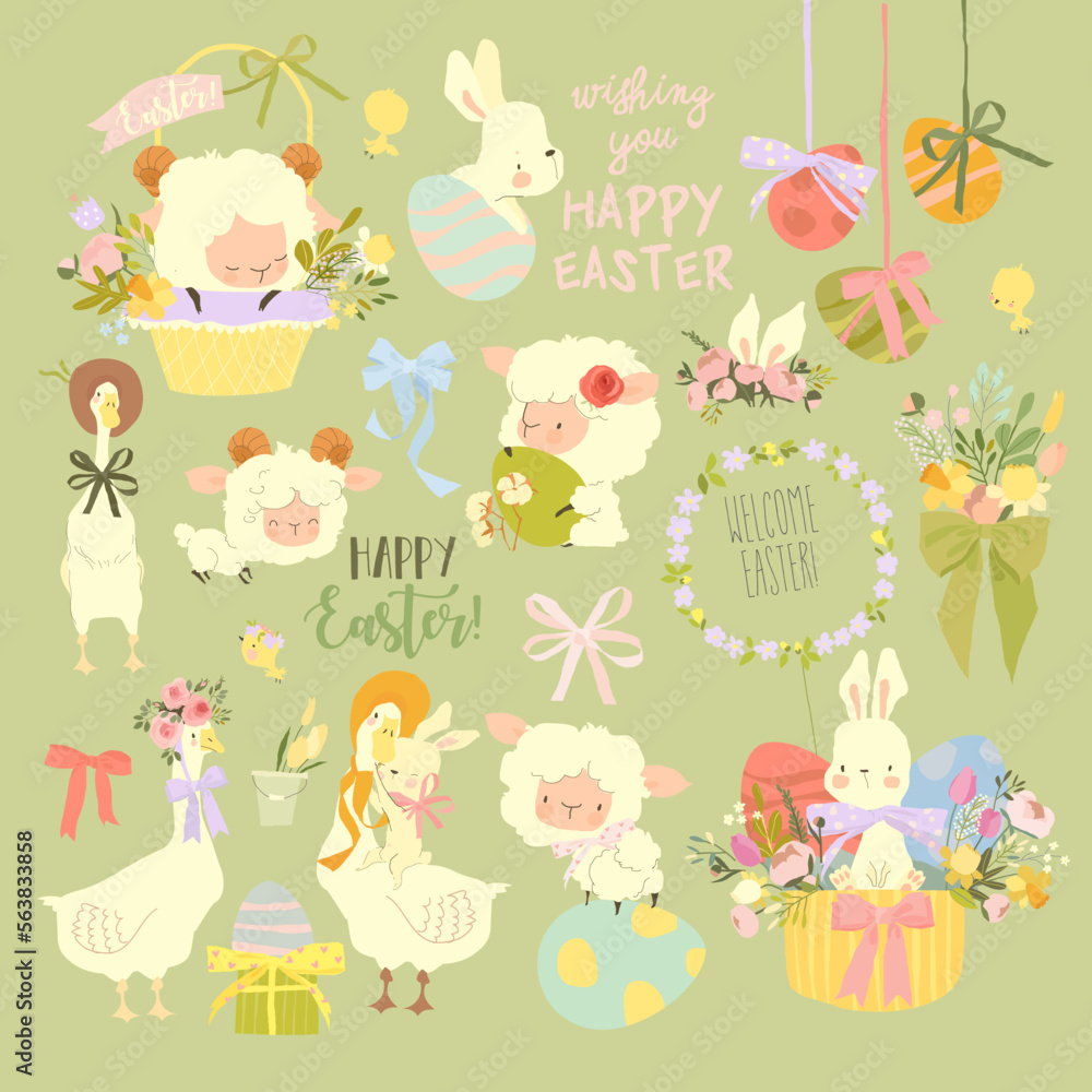 Easter Set with Cute White Bunnies, Gooses, Sheeps and Easter Eggs