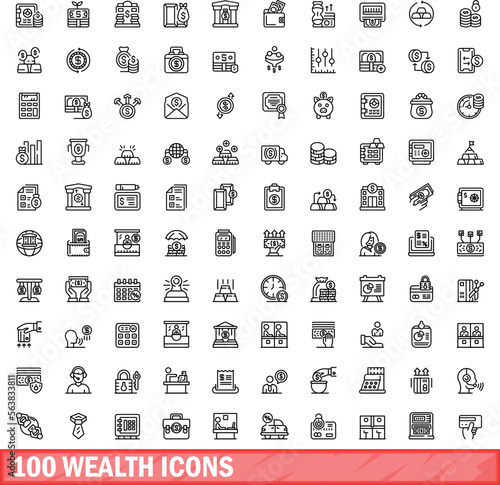 100 wealth icons set. Outline illustration of 100 wealth icons vector set isolated on white background