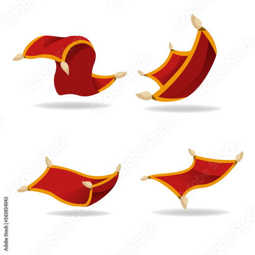 Fairytale Persian magic carpet flying isolated on white background. Cartoon miracle rug plane symbol vector graphic illustration. Fantasy textile transport