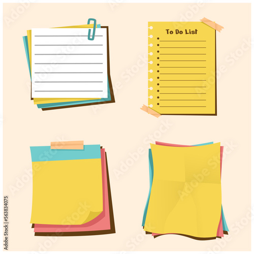 Paper notes with pins, binder clips, push pins, adhesive tape and tack. Blank sheets, sticky notes, scraps of paper and torn notebook pages. Template for note messages. Vector illustration.