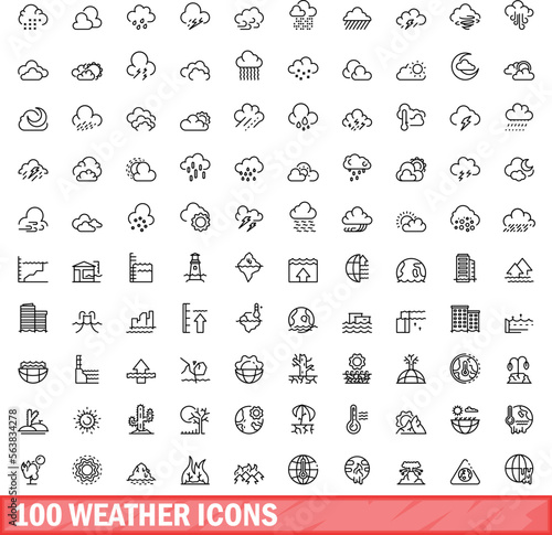100 weather icons set. Outline illustration of 100 weather icons vector set isolated on white background