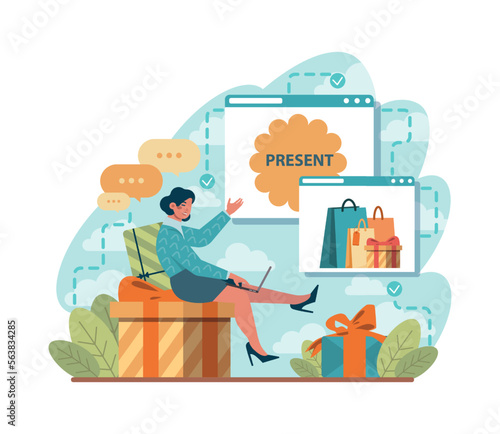 Happy people with gift boxes. Character holding, recieving or giving