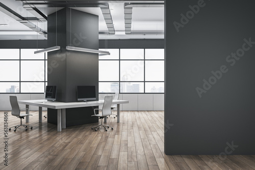 coworking office interior with blank mock up place on wall. Wooden flooring and concrete materials. Panoramic window with city view and daylight. Corporation  law and legal concept. 3D Rendering.