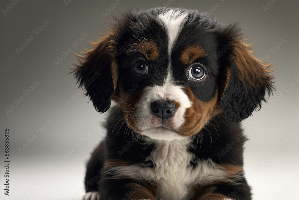 Australian Aussie Shepherd. Mini American Shepherd Puppy. Cute puppy sit and looking. Portrait close-up of a white dog isolated. Digital Art Painting Australian Aussie Shepherd. Mini American Shepherd Puppy. Cute puppy sit and looking. Portrait close-up of a white dog isolated. Digital Art Painting