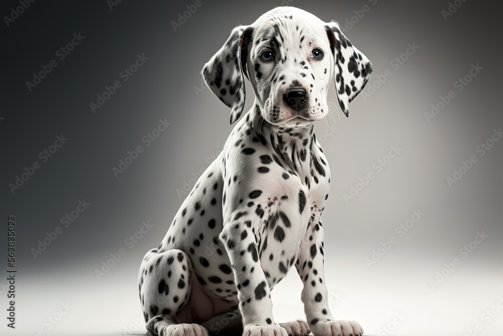 Dalmatian. Cute puppy sit and looking. Portrait close-up of a black and white dog isolated on a white background. Digital Art Painting Dalmatian. Cute puppy sit and looking. Portrait close-up of a black and white dog isolated on a white background. Digital Art Painting