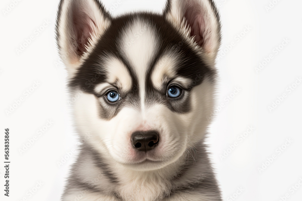 Siberian Husky. Cute puppy sit and looking. Portrait close-up of a white dog isolated on a white background. Digital Art Painting