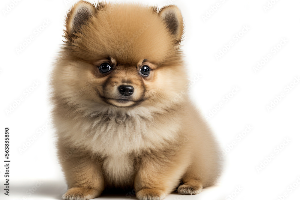 Pomeranian spitz. Cute puppy sit and looking. Portrait close-up of a white dog isolated on a white background. Digital Art Painting
