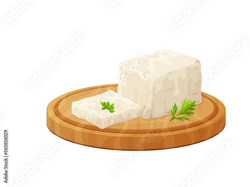 Tofu on wood board, soybean, olive. Composition of sliced feta in cartoon style. Vegetarian healthy food. Greek traditional cheese. Vector illustration isolated on white background