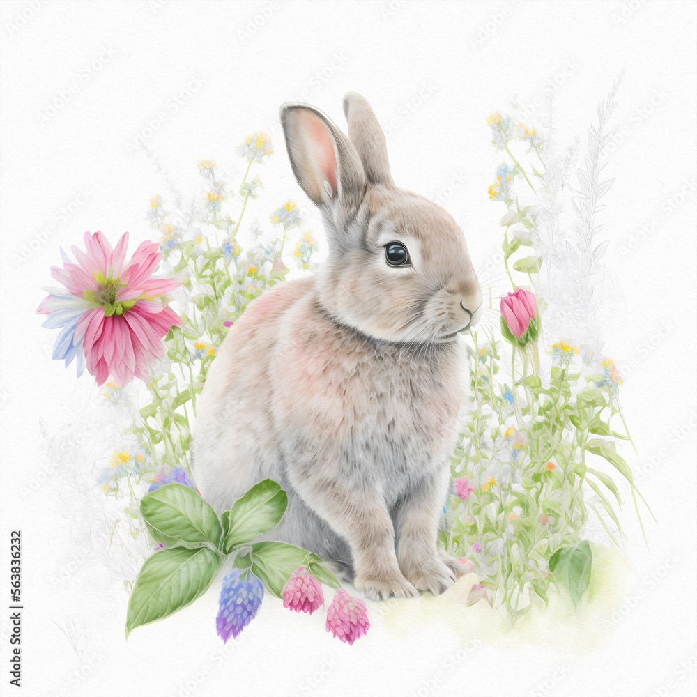 Small young rabbit is sitting in field among wild flowers and grass Small young rabbit is sitting in field among wild flowers and grass