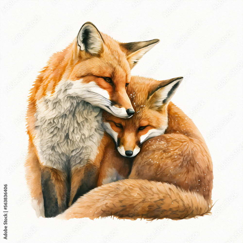 Fototapeta premium Two red foxes in love hug, Valentine's day and all lovers, isolate. Drawing for a book, postcard, print. 