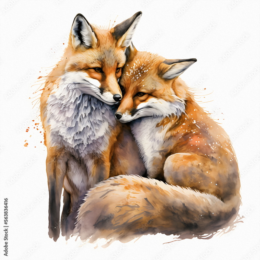 Fototapeta premium Two red foxes in love hug, Valentine's day and all lovers, isolate. Drawing for a book, postcard, print