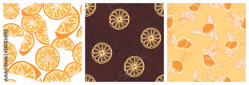 Collection of seamless patterns with lemons.Fruits whole with foliage,citrus slices and line art.Yellow, brown and white colors.Stylish background for printing on fabric and paper.Vector illustration.