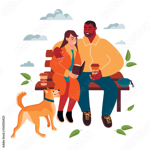 Couple reading book on a park bench.Male and female characters with storybook, coffee and a dog.Family walking the pet.Vector clip art set on white background.Cartoon flat style illustration.
