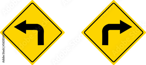 Turn right yellow road sign on isolated background. Vector illustration.