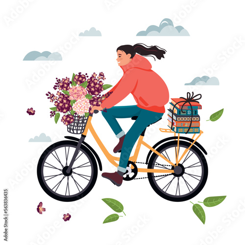 Young woman rides a bicycle. Happy girl is carrying a stack of books tied with twine,  bouquet of lilacs in a basket.Readers concept.Vector cartoon flat style illustration isolated on white.