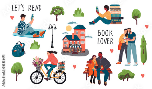 Collection of people reading books in the park. Hand written quotes, bookstore,girl on a bike,couple on a bench, backpack, flowers, lantern, trees.Cartoon vector flat clip art set on white background.