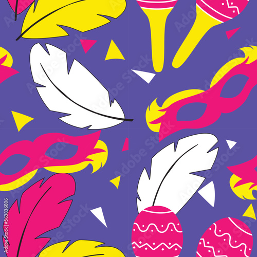 Seamless carnival pattern with mask and feathers and maraca. Vector illustration.