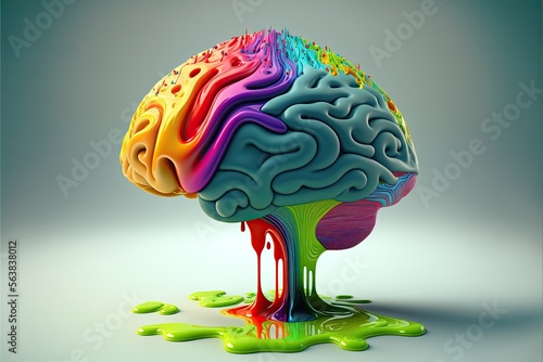 Colorful brain 3D illustration made by AI, fluid style with primary colors.