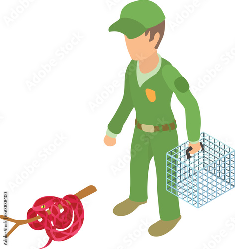 Red cobra icon isometric vector. Man in green uniform with cage near red snake. Reptile capture, herpetology