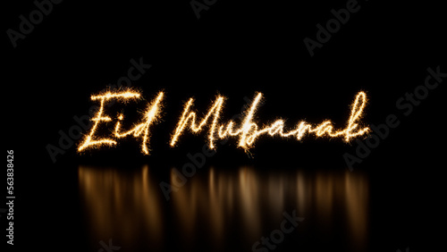 Gold Sparkler Firework Text with Eid Mubarak Caption on Black. Holiday Banner with copy space. photo