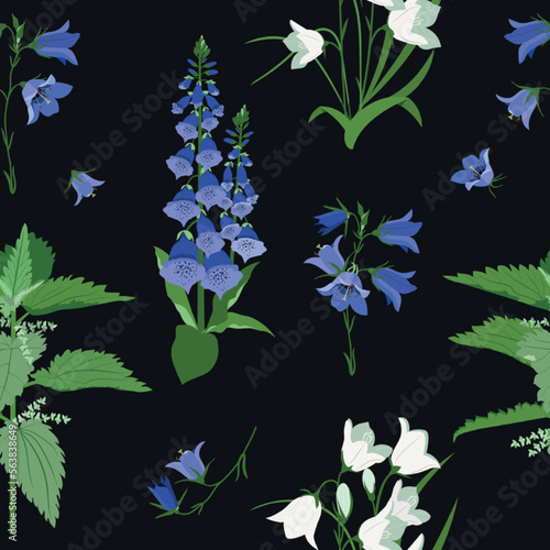 Vector pattern with nettle, campanula, digitalis on a black background.