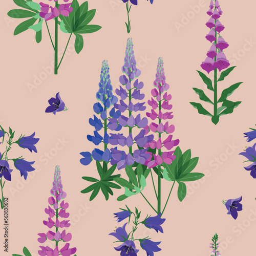 Vector pattern with lupine, campanula and digitalis on a beige background.